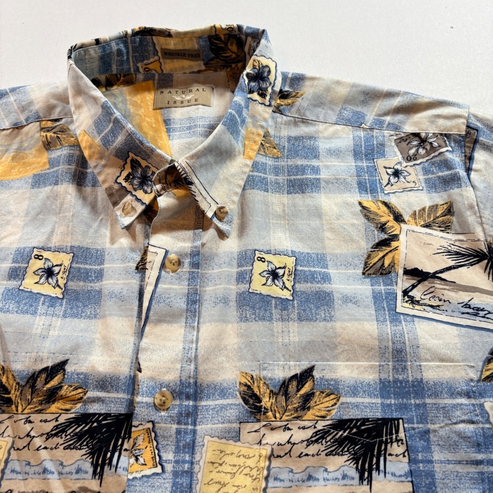Natural Issue Tropical Stamp Shirt Mens XL Short Sleeve Cotton Button Down Blue